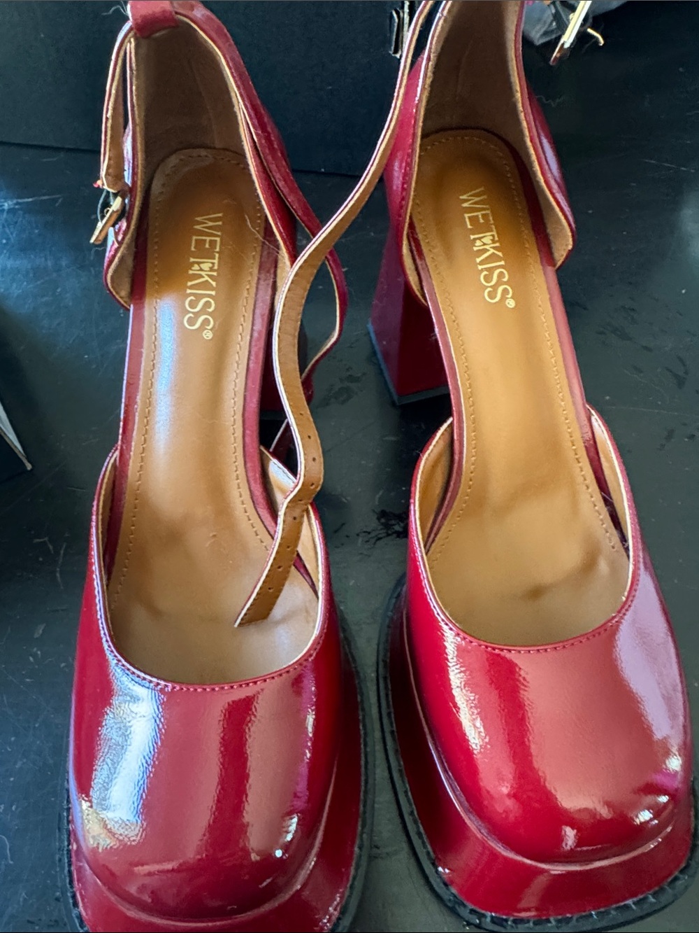 Kiss Red Patent Block Heel Ankle-Strap Pumps